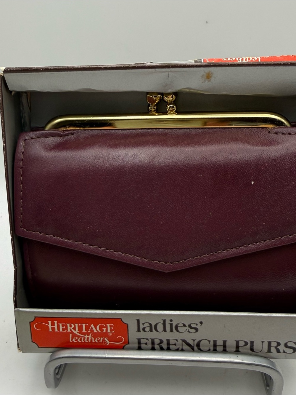 Vintage HERITAGE LEATHER French Purse Brown Leather Wallet-New in Box Maroon/Red